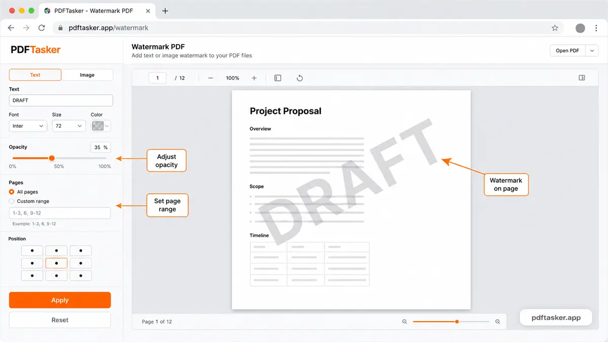 Editor watermark di browser dengan kontrol teks, opacity, dan halaman