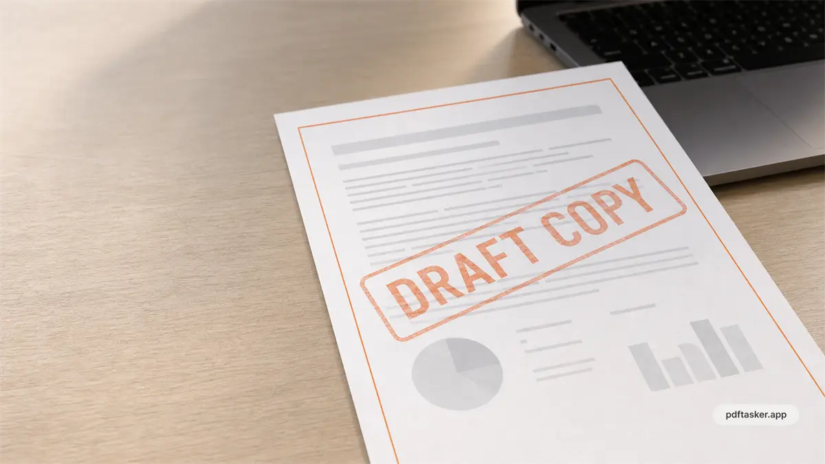 Dokumen di meja buram dengan overlay watermark draft yang terlihat