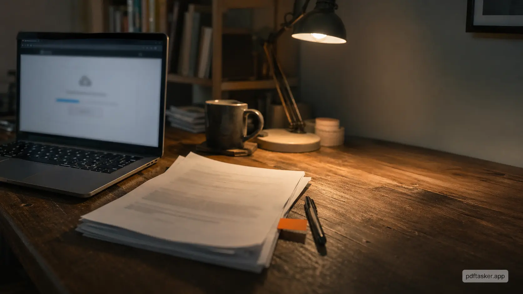 PDF와 노트북, 주황색 북마크가 놓인 책상으로 업로드 전 멈춤을 보여줍니다