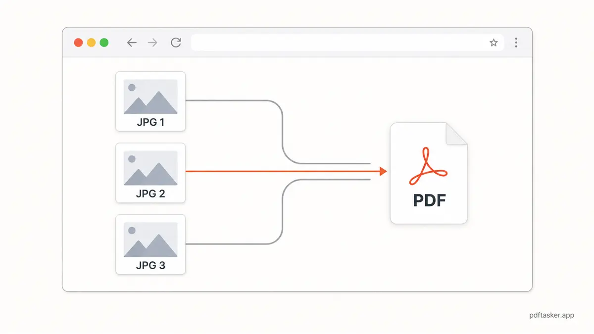 Browser के अंदर JPG pages एक PDF file बनते हुए local flow