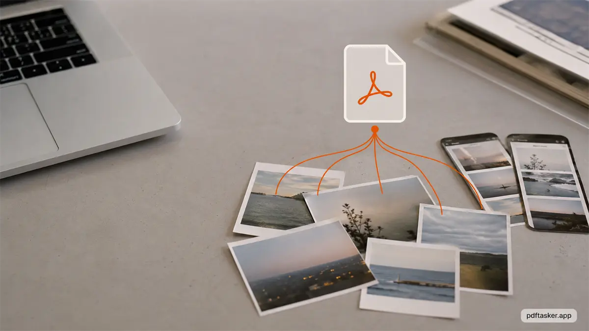 बिखरे JPG photo thumbnails और simple PDF overlay वाला desk