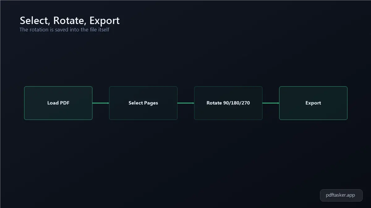 Step flow diagram showing upload, page selection, rotate 90 180 or 270 degrees, and export