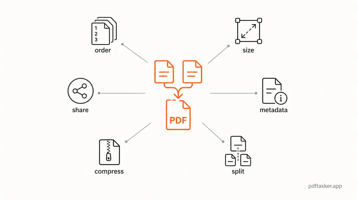 Checks de PDF merge para orden tamaño metadata y forma de compartir