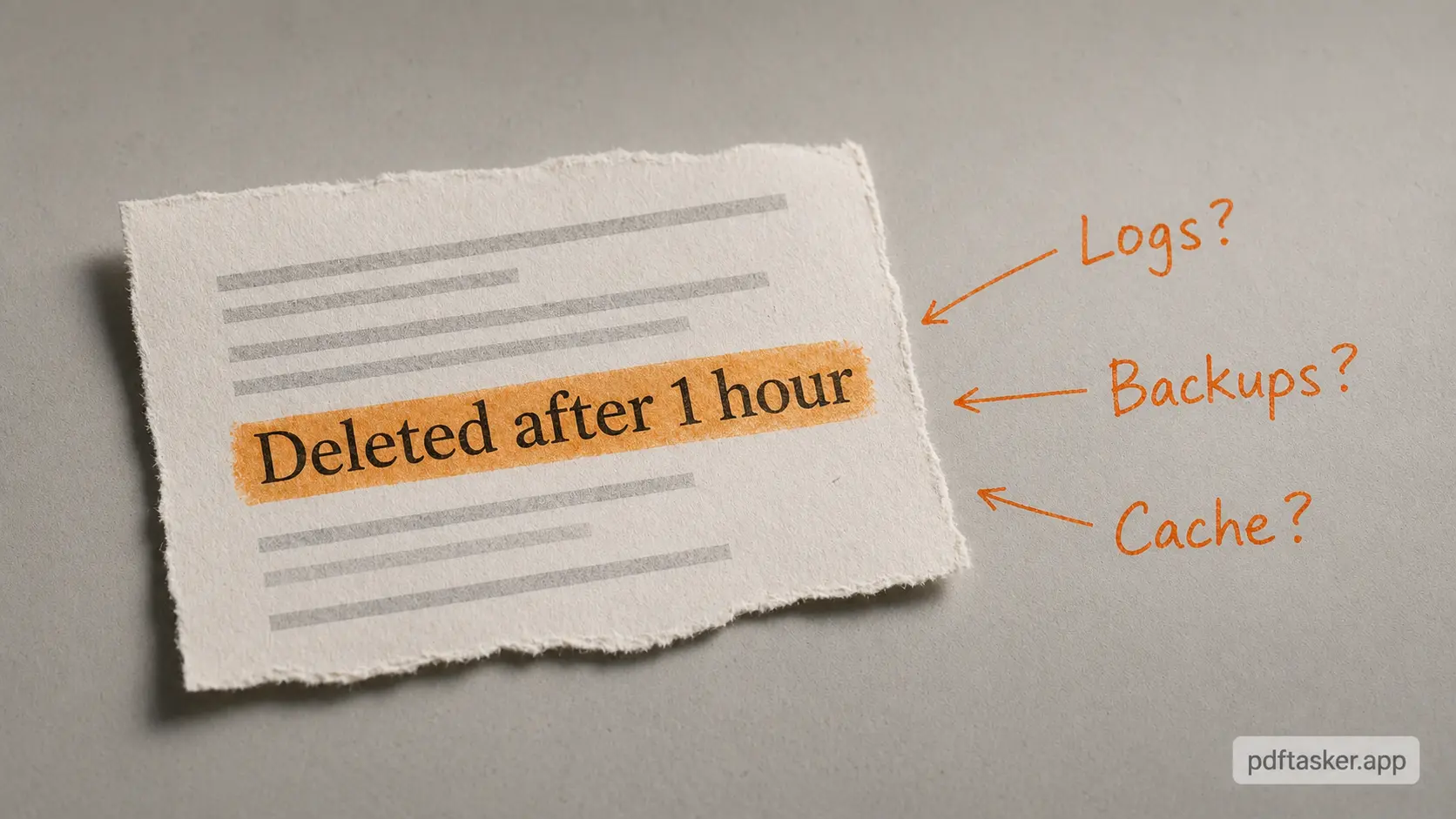 Annotated policy fragment showing a deletion sentence while logs, backups, and cache paths remain separate questions