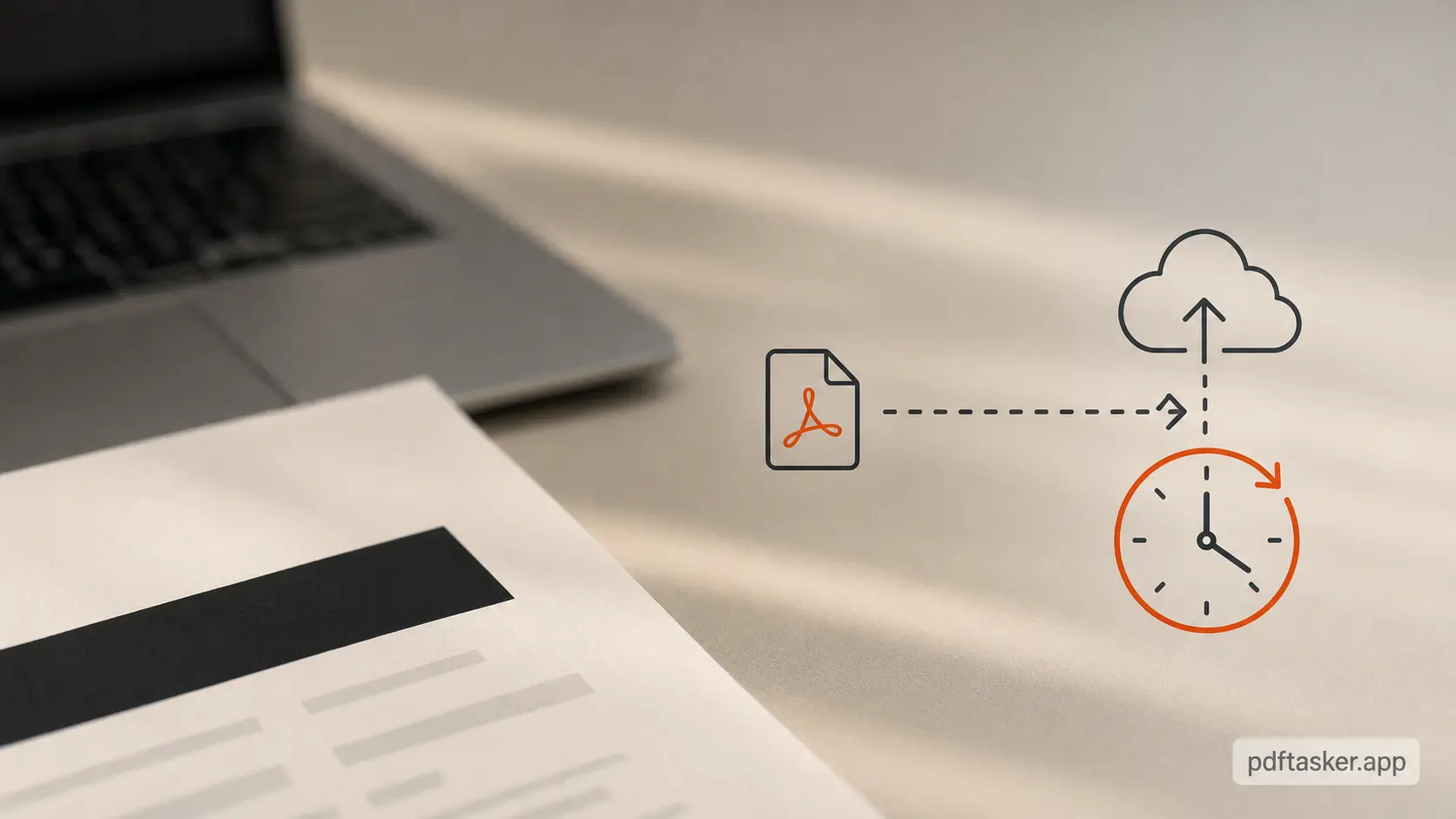 Blurred document scene with a small graphic showing that timed deletion does not stop the upload path
