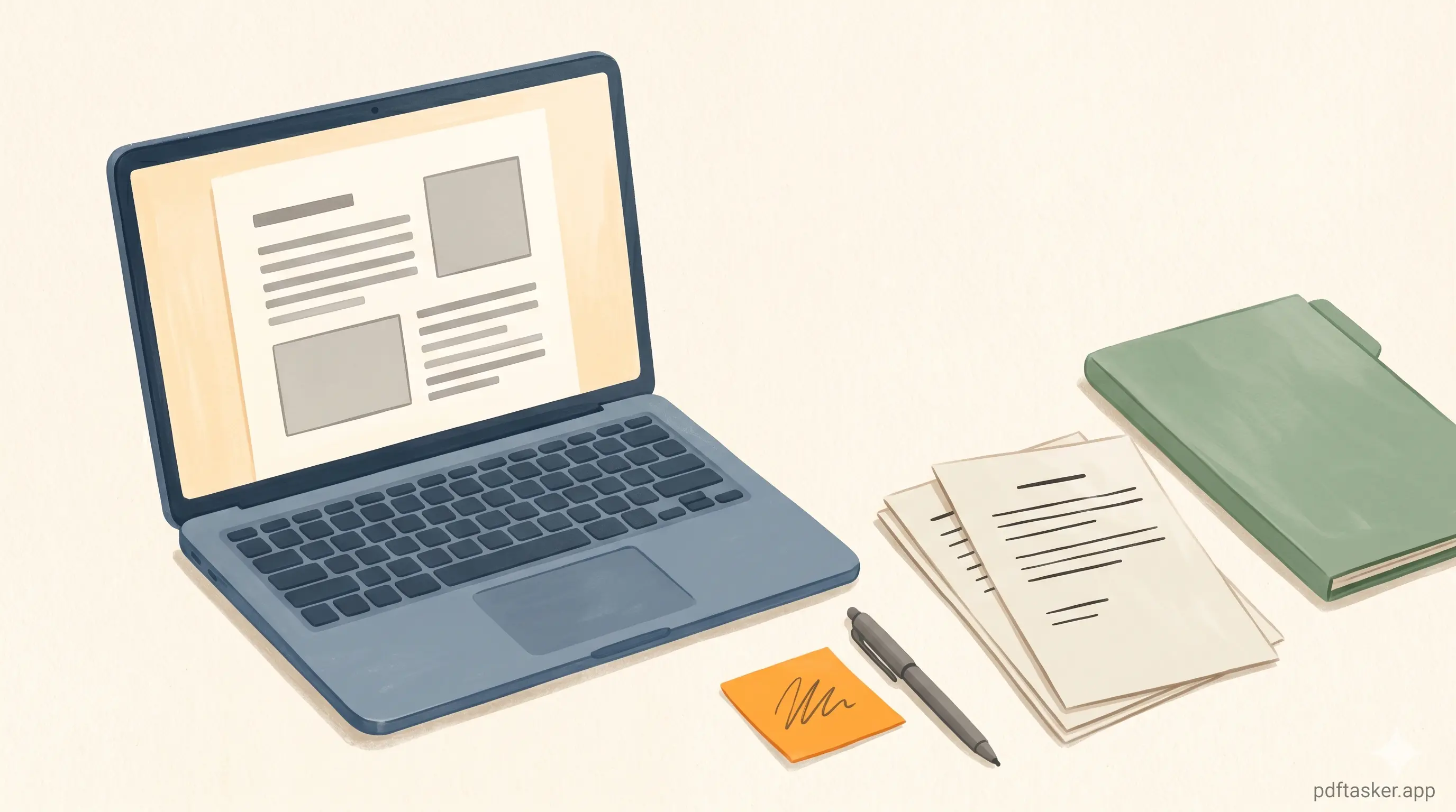 Meja mahasiswa dengan laptop menampilkan PDF, tumpukan tugas, dan folder
