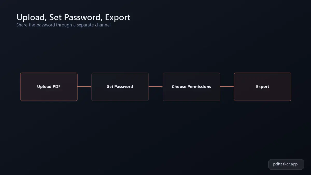 Diagrama del flujo para proteger un PDF: subir archivo, poner contraseña, elegir permisos y exportar
