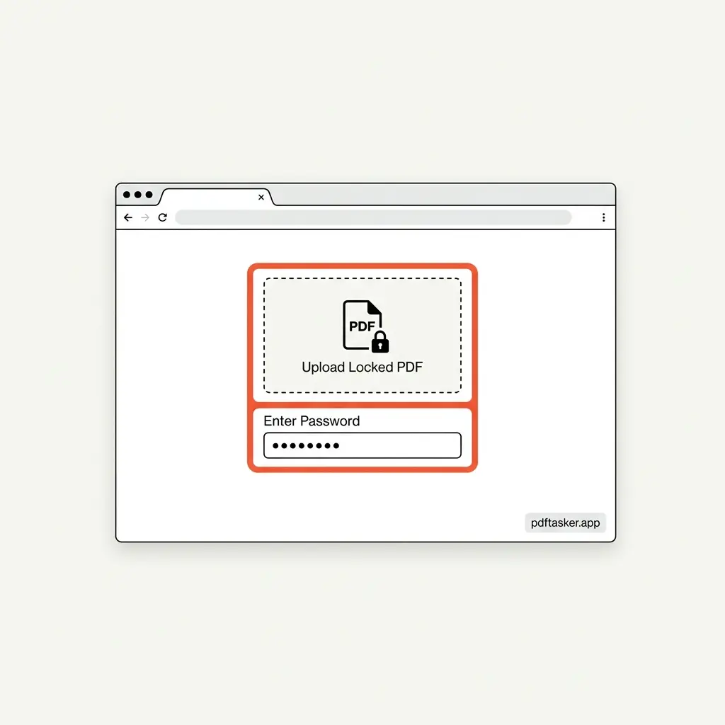 빨간색 상자로 강조된 PDF 업로드 영역과 비밀번호 입력란을 보여주는 UI 목업