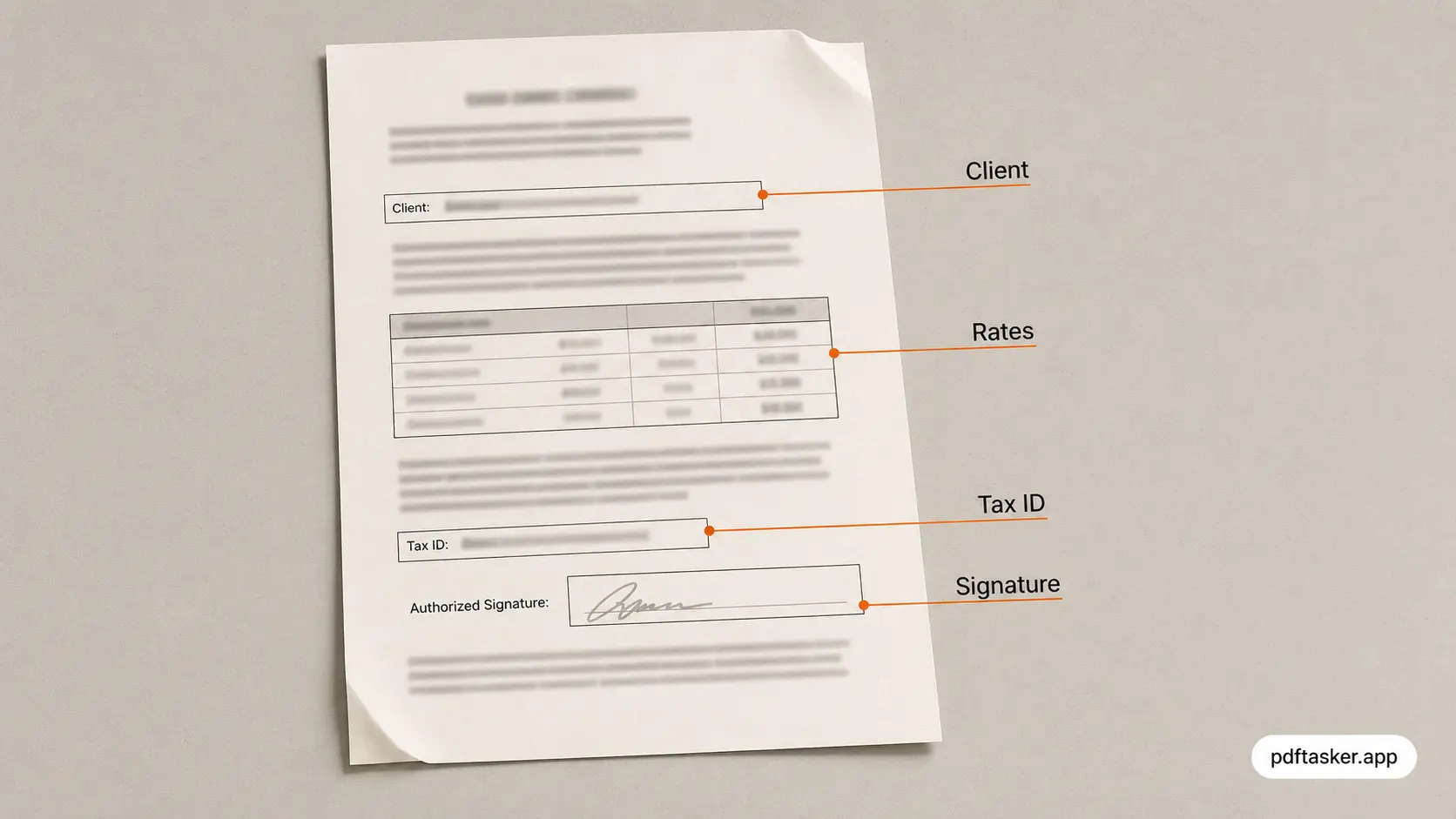 Contrato anotado que muestra nombre, tarifas, datos fiscales y firma como campos sensibles