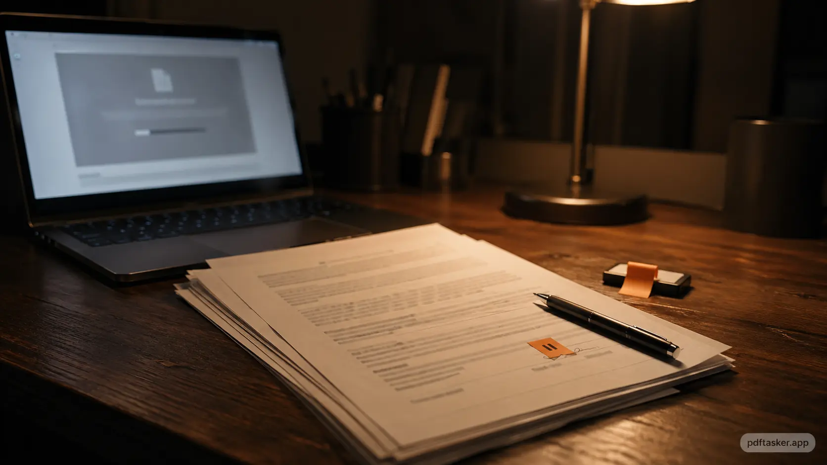 Escritorio con contrato y laptop donde la carga se detiene antes de firmar