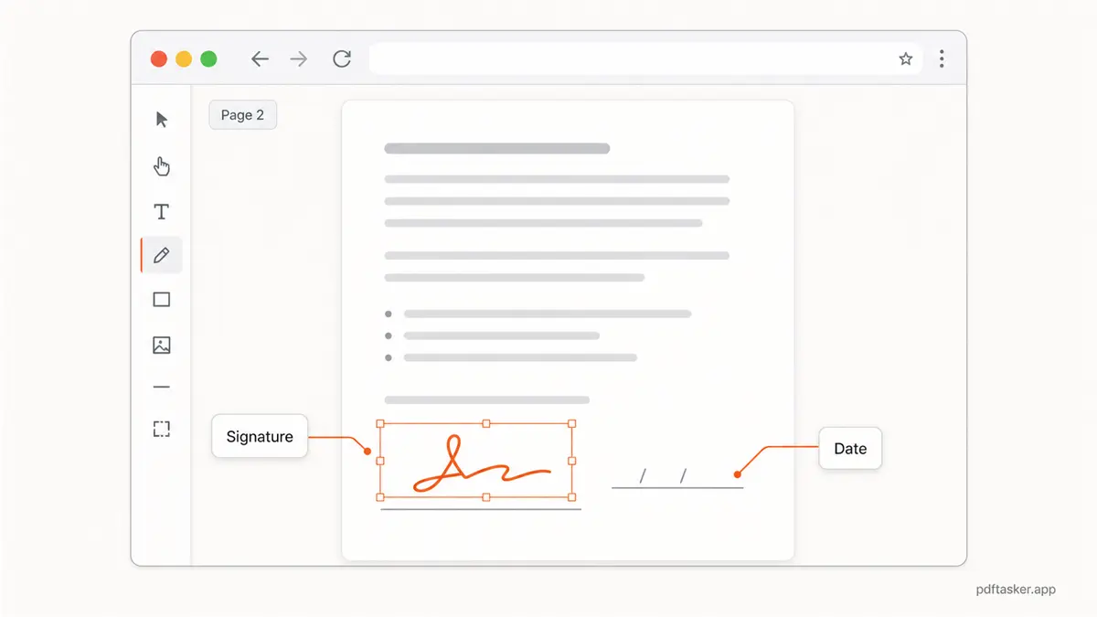 A browser-based PDF page with a signature box and placement handles