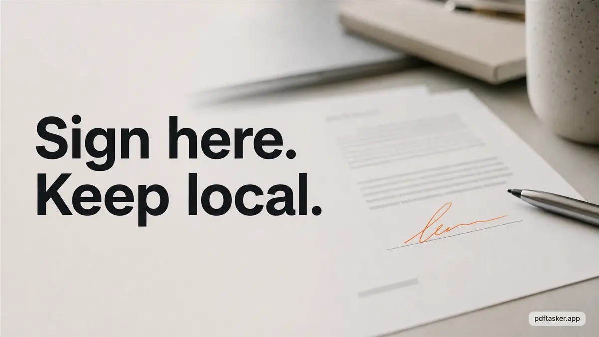 A blurred document desk with the phrase Sign here keep it local