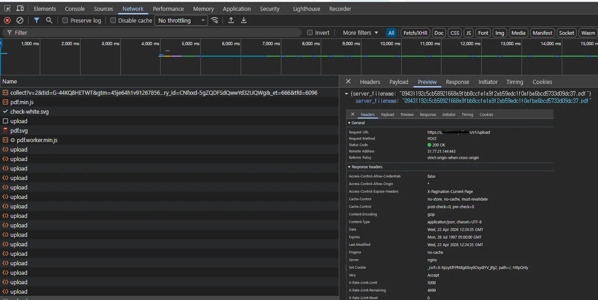 Chrome 네트워크 탭에서 강조된 POST 업로드 요청. 2.4MB PDF 파일이 브라우저에서 서버로 전송되는 모습